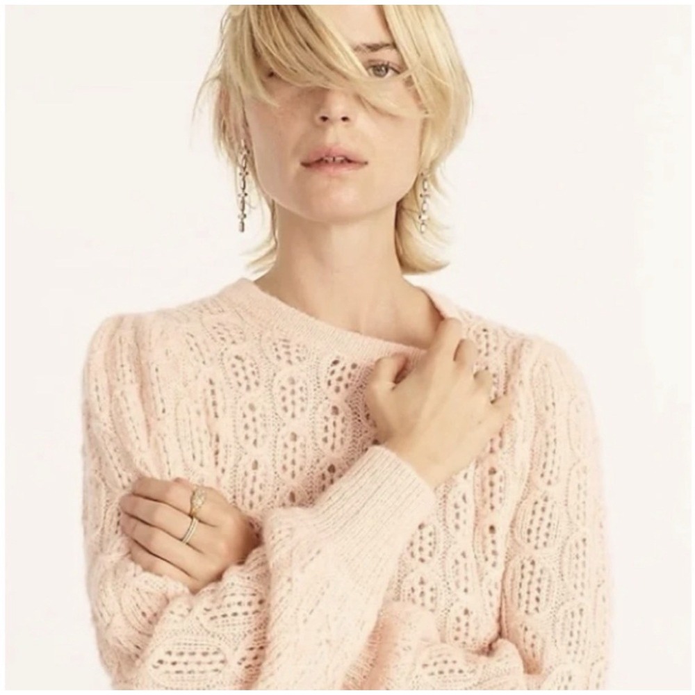 J. CREW Textured Alpaca Blend Puff Sleeve Sweater Pink XS Keyhole Twee Preppy